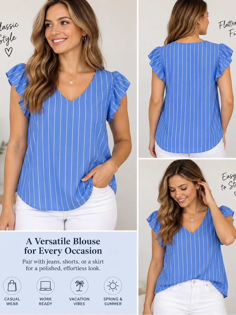 Old Navy Blue and White Vertical Stripe V-Neck Ruffle Sleeve Blouse,Large